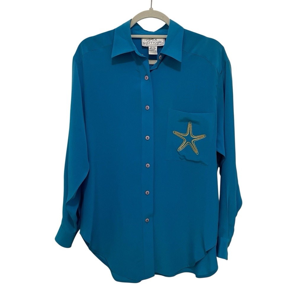Silk Boutique Button Down Shirt S Teal Silk Starfish Embroidered Nautical Blouse